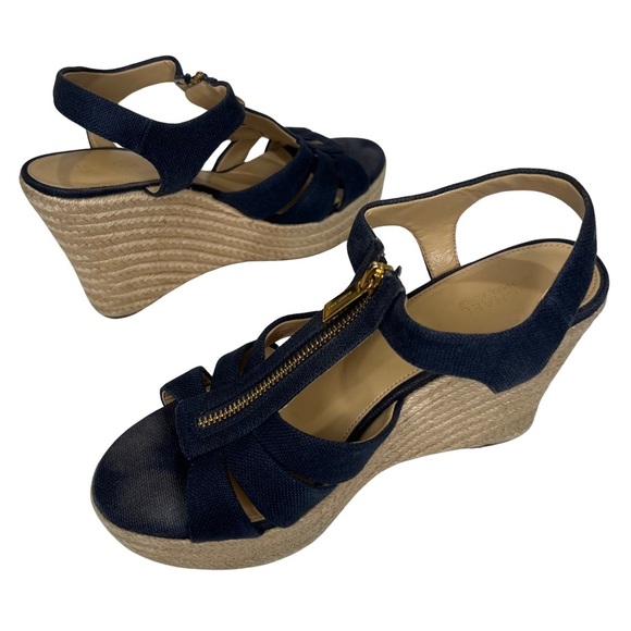 Michael Kors Sandals Berkley Canvas Jute Wedge Zipper Platform Navy Blue Tan 8 M - Picture 16 of 16